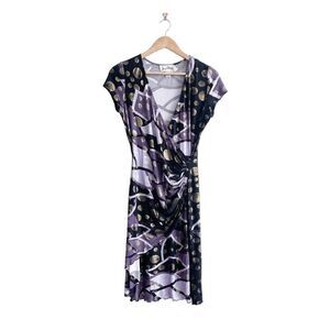 Joseph Ribkoff Womens Knee-Length Dress Ruched Abstract Purple Gold Black Size 6